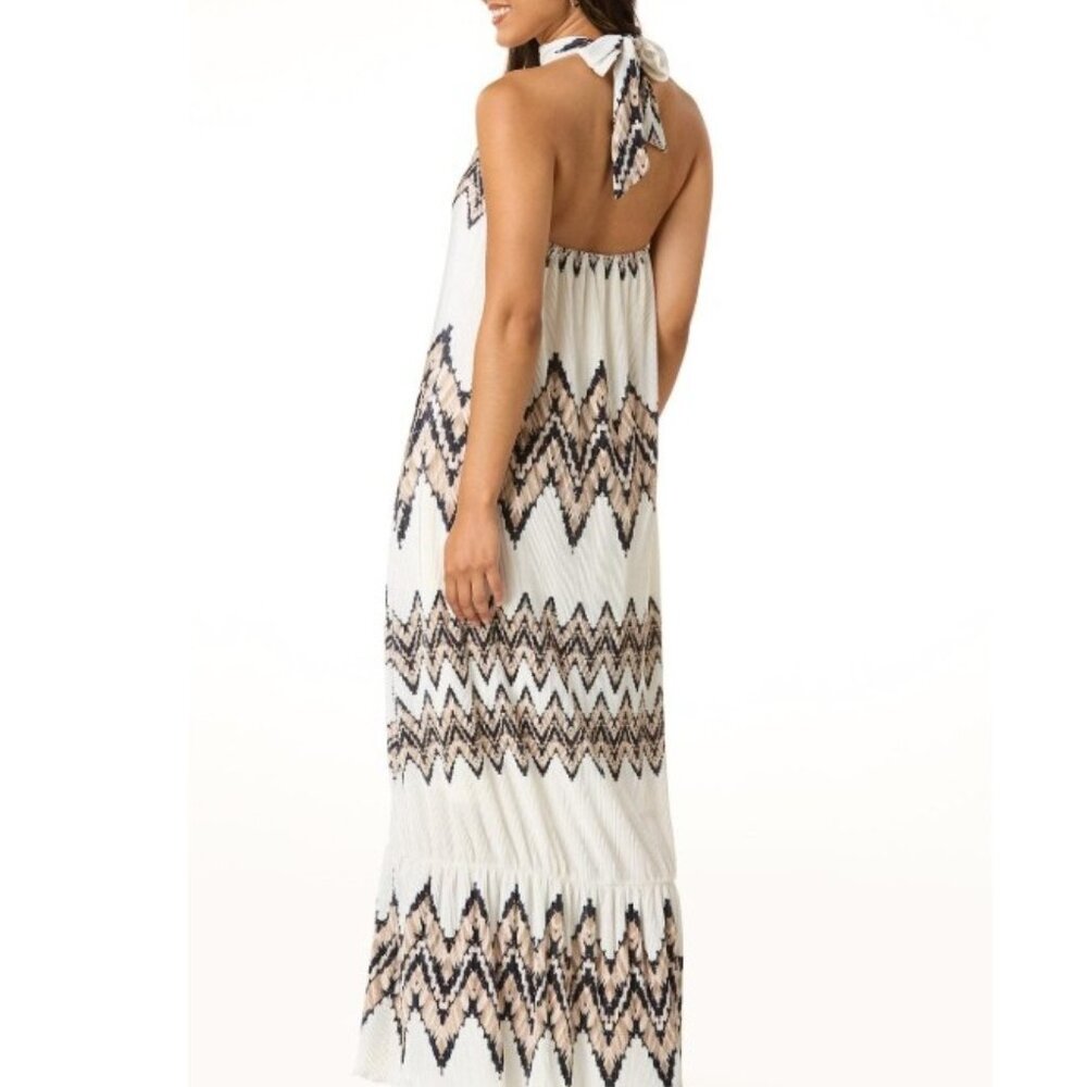 CATO Tie Neck Pleated Chevron Maxi Dress - M